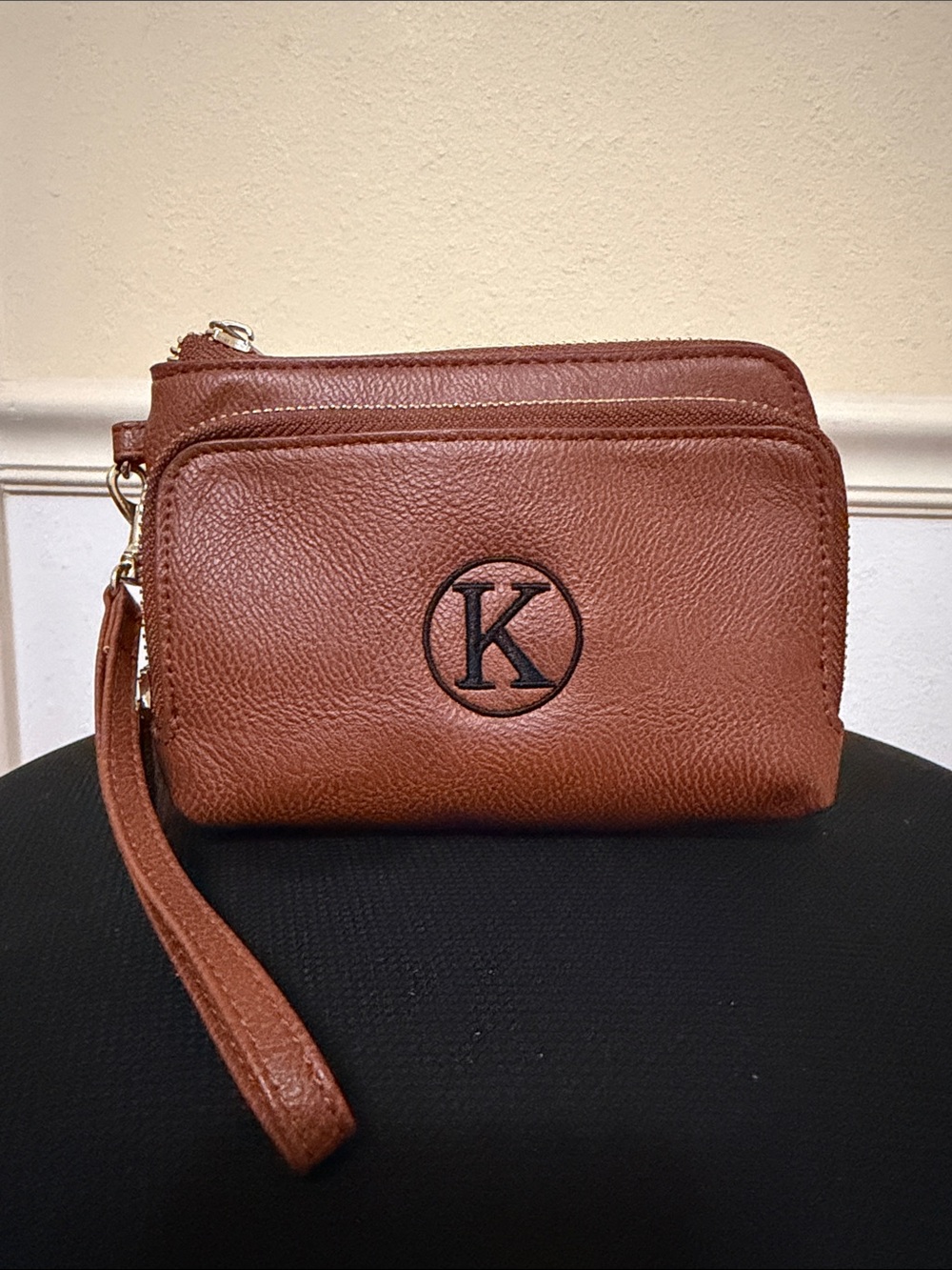 Viv & Lou Monogram 'K' Brown Leather Wristlet Clutch